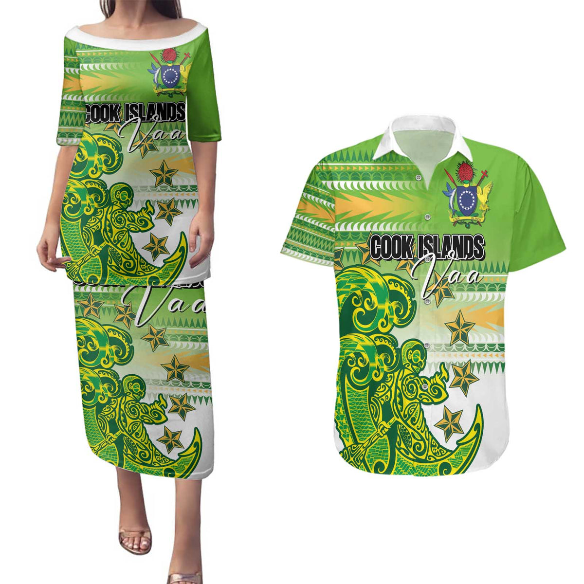 Personalised Cook Islands Va'a Race Couples Matching Puletasi and Hawaiian Shirt Te Tatau Tattoos Sporty Style Green-White Color LT03 Green - Polynesian Pride