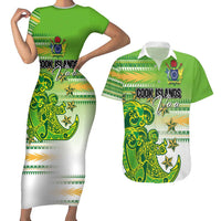 Personalised Cook Islands Va'a Race Couples Matching Short Sleeve Bodycon Dress and Hawaiian Shirt Te Tatau Tattoos Sporty Style Green-White Color LT03 Green - Polynesian Pride