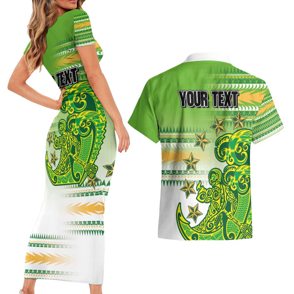 Personalised Cook Islands Va'a Race Couples Matching Short Sleeve Bodycon Dress and Hawaiian Shirt Te Tatau Tattoos Sporty Style Green-White Color LT03 - Polynesian Pride