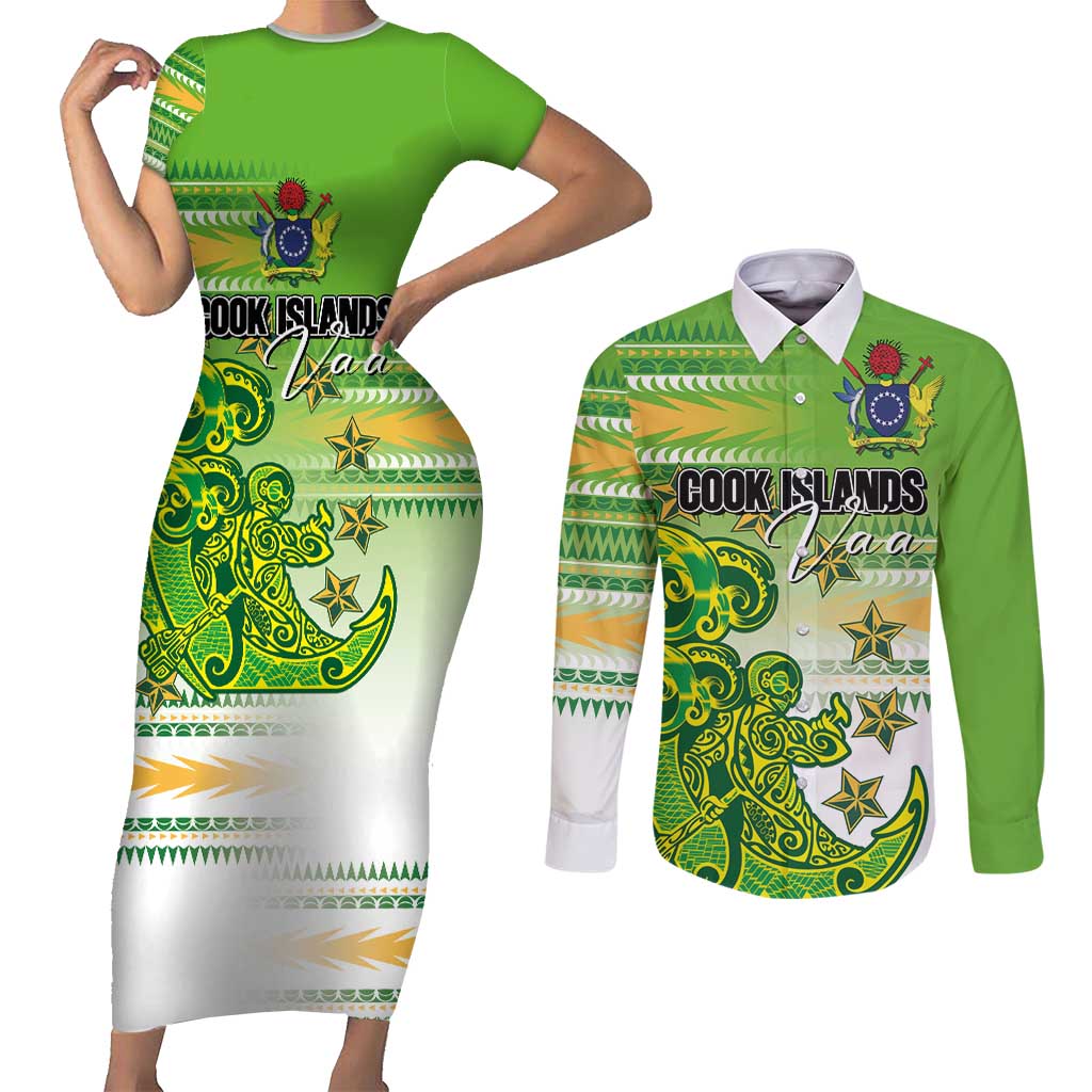 Personalised Cook Islands Va'a Race Couples Matching Short Sleeve Bodycon Dress and Long Sleeve Button Shirt Te Tatau Tattoos Sporty Style Green-White Color LT03 Green - Polynesian Pride