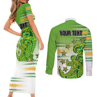Personalised Cook Islands Va'a Race Couples Matching Short Sleeve Bodycon Dress and Long Sleeve Button Shirt Te Tatau Tattoos Sporty Style Green-White Color LT03 - Polynesian Pride