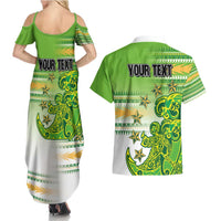 Personalised Cook Islands Va'a Race Couples Matching Summer Maxi Dress and Hawaiian Shirt Te Tatau Tattoos Sporty Style Green-White Color LT03 - Polynesian Pride