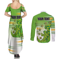Personalised Cook Islands Va'a Race Couples Matching Summer Maxi Dress and Long Sleeve Button Shirt Te Tatau Tattoos Sporty Style Green-White Color LT03 - Polynesian Pride