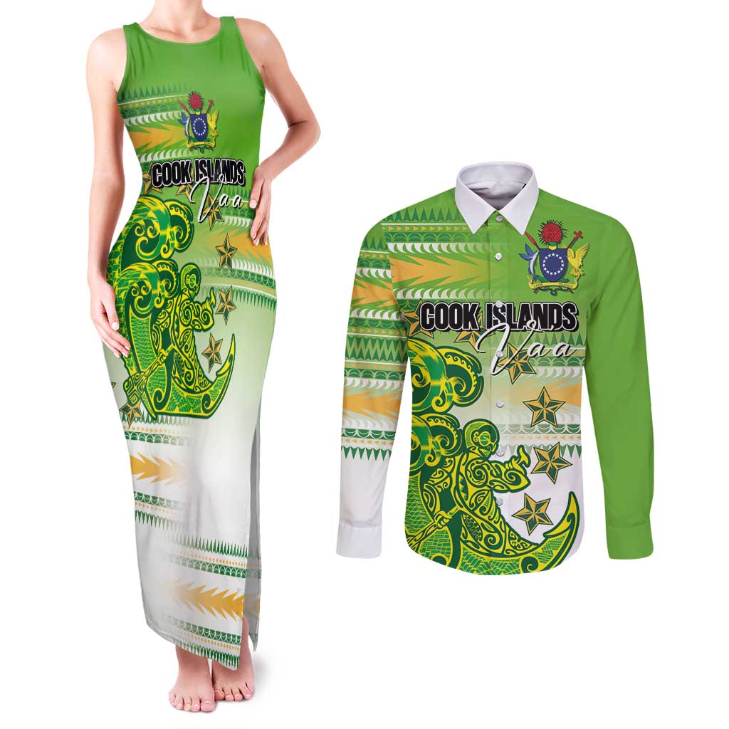 Personalised Cook Islands Va'a Race Couples Matching Tank Maxi Dress and Long Sleeve Button Shirt Te Tatau Tattoos Sporty Style Green-White Color LT03 Green - Polynesian Pride