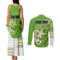Personalised Cook Islands Va'a Race Couples Matching Tank Maxi Dress and Long Sleeve Button Shirt Te Tatau Tattoos Sporty Style Green-White Color LT03 - Polynesian Pride