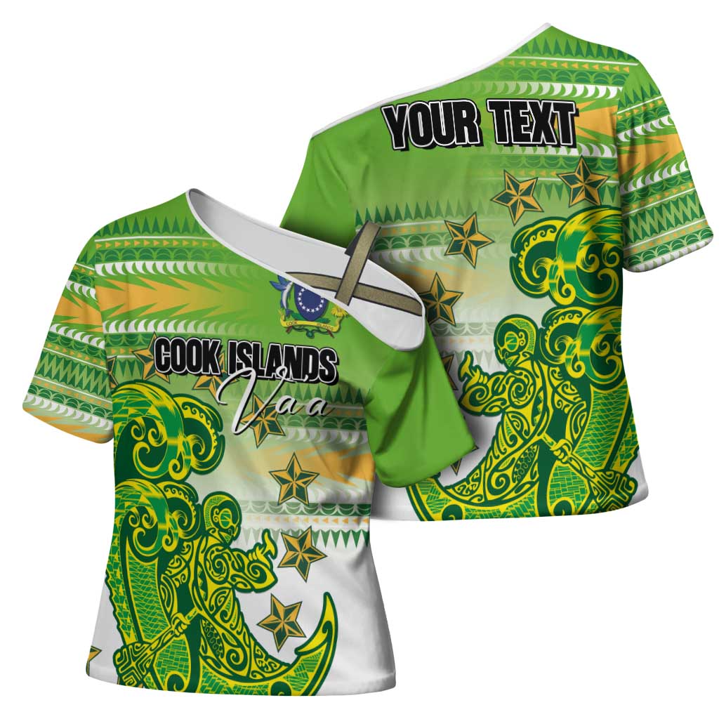 Personalised Cook Islands Va'a Race Cross Shoulder Shirt Te Tatau Tattoos Sporty Style Green-White Color LT03 - Polynesian Pride