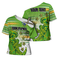 Personalised Cook Islands Va'a Race Cross Shoulder Shirt Te Tatau Tattoos Sporty Style Green-White Color LT03 - Polynesian Pride