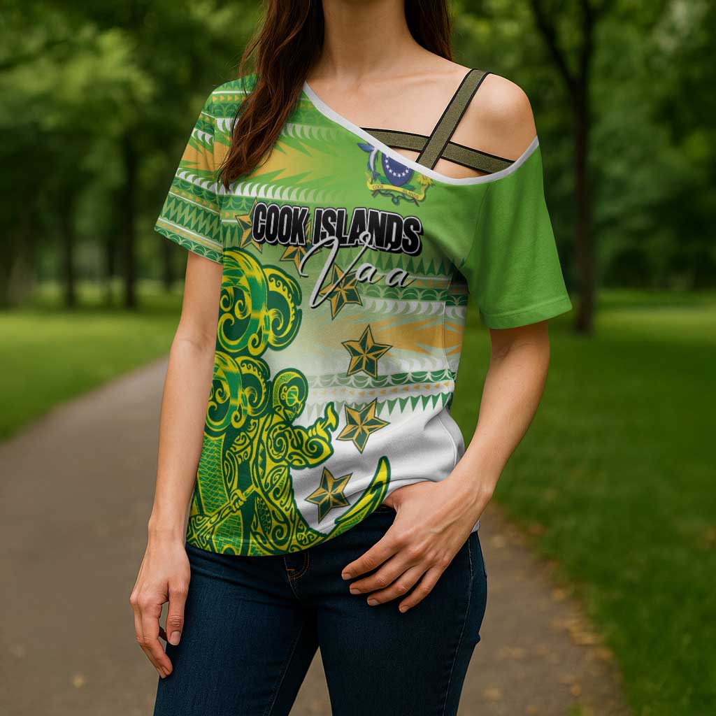 Personalised Cook Islands Va'a Race Cross Shoulder Shirt Te Tatau Tattoos Sporty Style Green-White Color LT03 - Polynesian Pride