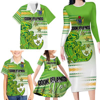 Personalised Cook Islands Va'a Race Family Matching Long Sleeve Bodycon Dress and Hawaiian Shirt Te Tatau Tattoos Sporty Style Green-White Color LT03 - Polynesian Pride