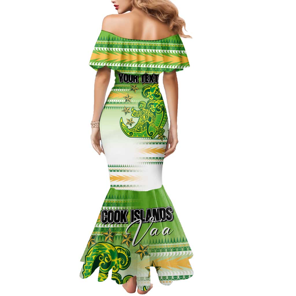 Personalised Cook Islands Va'a Race Family Matching Mermaid Dress and Hawaiian Shirt Te Tatau Tattoos Sporty Style Green-White Color LT03 - Polynesian Pride