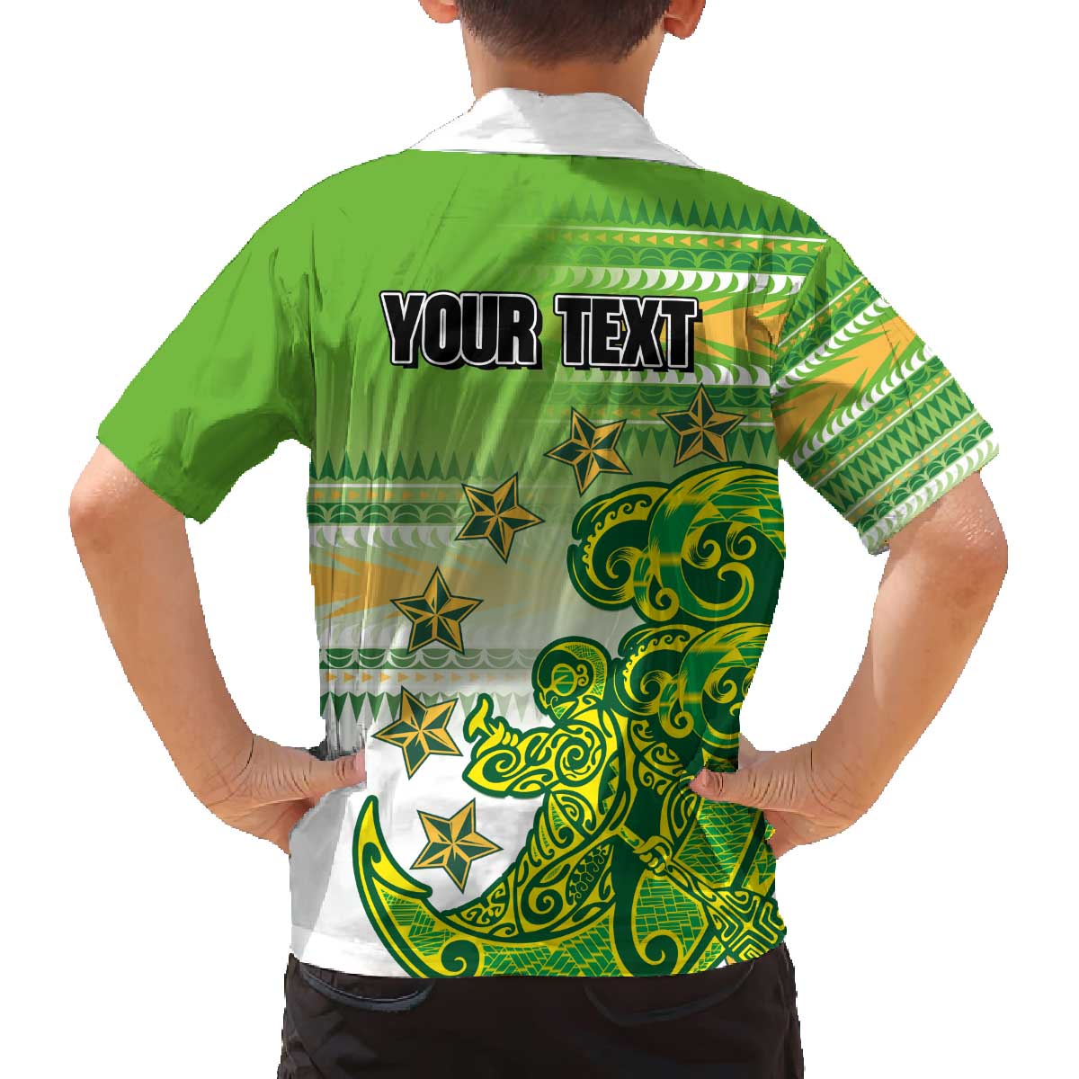 Personalised Cook Islands Va'a Race Family Matching Off The Shoulder Long Sleeve Dress and Hawaiian Shirt Te Tatau Tattoos Sporty Style Green-White Color LT03 - Polynesian Pride