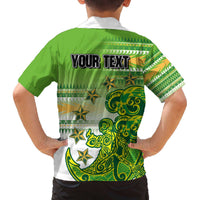 Personalised Cook Islands Va'a Race Family Matching Off The Shoulder Long Sleeve Dress and Hawaiian Shirt Te Tatau Tattoos Sporty Style Green-White Color LT03 - Polynesian Pride