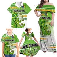 Personalised Cook Islands Va'a Race Family Matching Off Shoulder Maxi Dress and Hawaiian Shirt Te Tatau Tattoos Sporty Style Green-White Color LT03 - Polynesian Pride