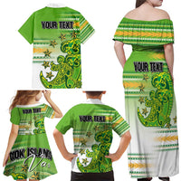 Personalised Cook Islands Va'a Race Family Matching Off Shoulder Maxi Dress and Hawaiian Shirt Te Tatau Tattoos Sporty Style Green-White Color LT03 - Polynesian Pride