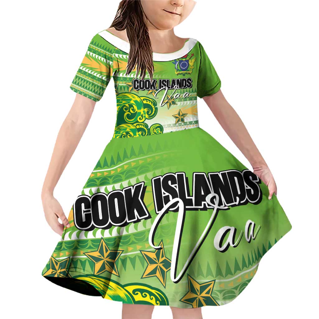 Personalised Cook Islands Va'a Race Family Matching Off Shoulder Short Dress and Hawaiian Shirt Te Tatau Tattoos Sporty Style Green-White Color LT03 Daughter's Dress Green - Polynesian Pride