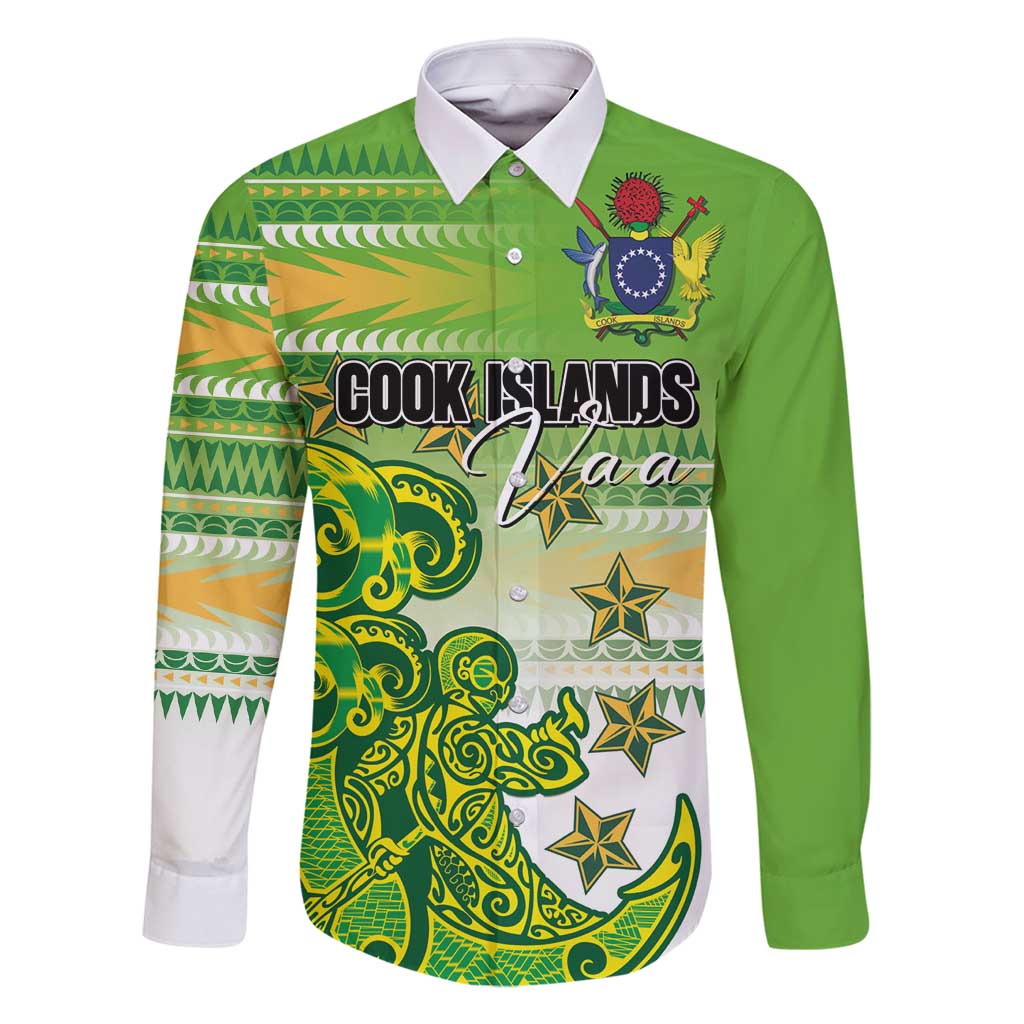 Personalised Cook Islands Va'a Race Family Matching Off Shoulder Short Dress and Hawaiian Shirt Te Tatau Tattoos Sporty Style Green-White Color LT03 Dad's Shirt - Long Sleeve Green - Polynesian Pride