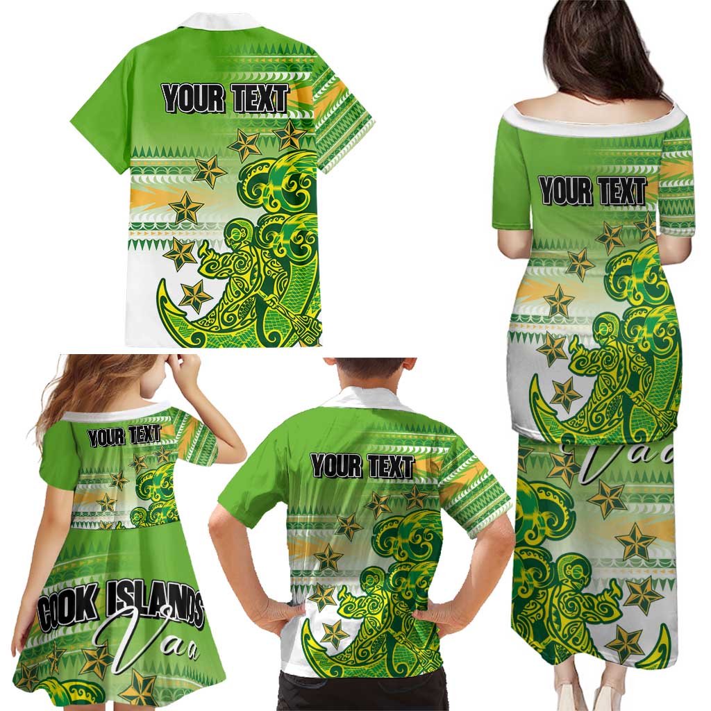 Personalised Cook Islands Va'a Race Family Matching Puletasi and Hawaiian Shirt Te Tatau Tattoos Sporty Style Green-White Color LT03 - Polynesian Pride