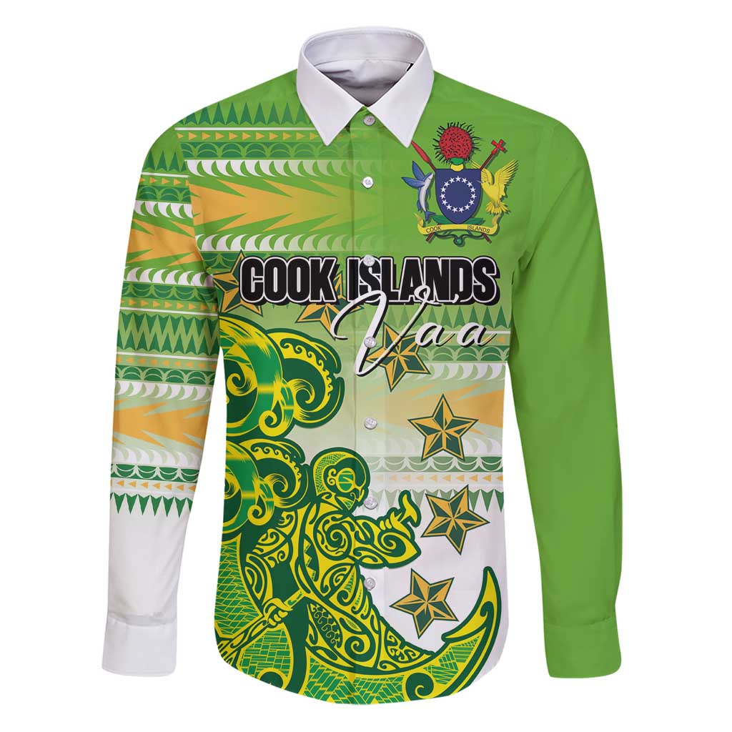 Personalised Cook Islands Va'a Race Family Matching Puletasi and Hawaiian Shirt Te Tatau Tattoos Sporty Style Green-White Color LT03 Dad's Shirt - Long Sleeve Green - Polynesian Pride