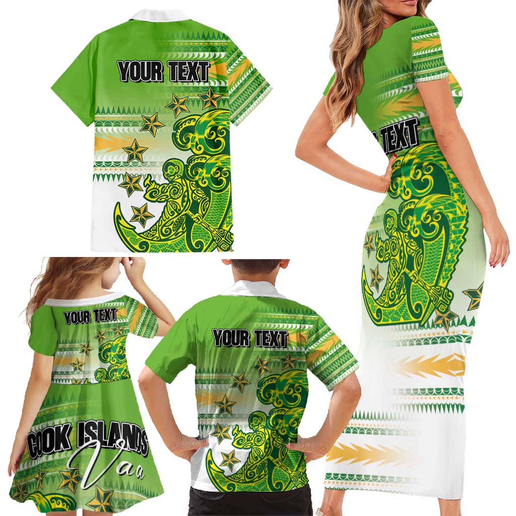 Personalised Cook Islands Va'a Race Family Matching Short Sleeve Bodycon Dress and Hawaiian Shirt Te Tatau Tattoos Sporty Style Green-White Color LT03 - Polynesian Pride