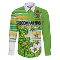 Personalised Cook Islands Va'a Race Family Matching Short Sleeve Bodycon Dress and Hawaiian Shirt Te Tatau Tattoos Sporty Style Green-White Color LT03 Dad's Shirt - Long Sleeve Green - Polynesian Pride