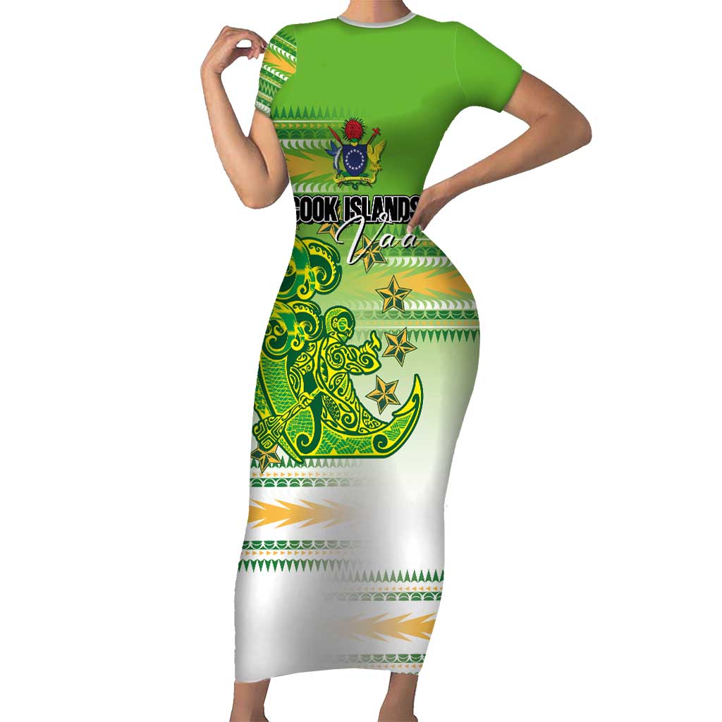 Personalised Cook Islands Va'a Race Family Matching Short Sleeve Bodycon Dress and Hawaiian Shirt Te Tatau Tattoos Sporty Style Green-White Color LT03 Mom's Dress Green - Polynesian Pride