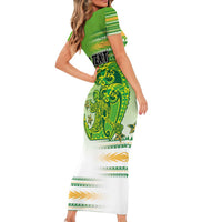 Personalised Cook Islands Va'a Race Family Matching Short Sleeve Bodycon Dress and Hawaiian Shirt Te Tatau Tattoos Sporty Style Green-White Color LT03 - Polynesian Pride