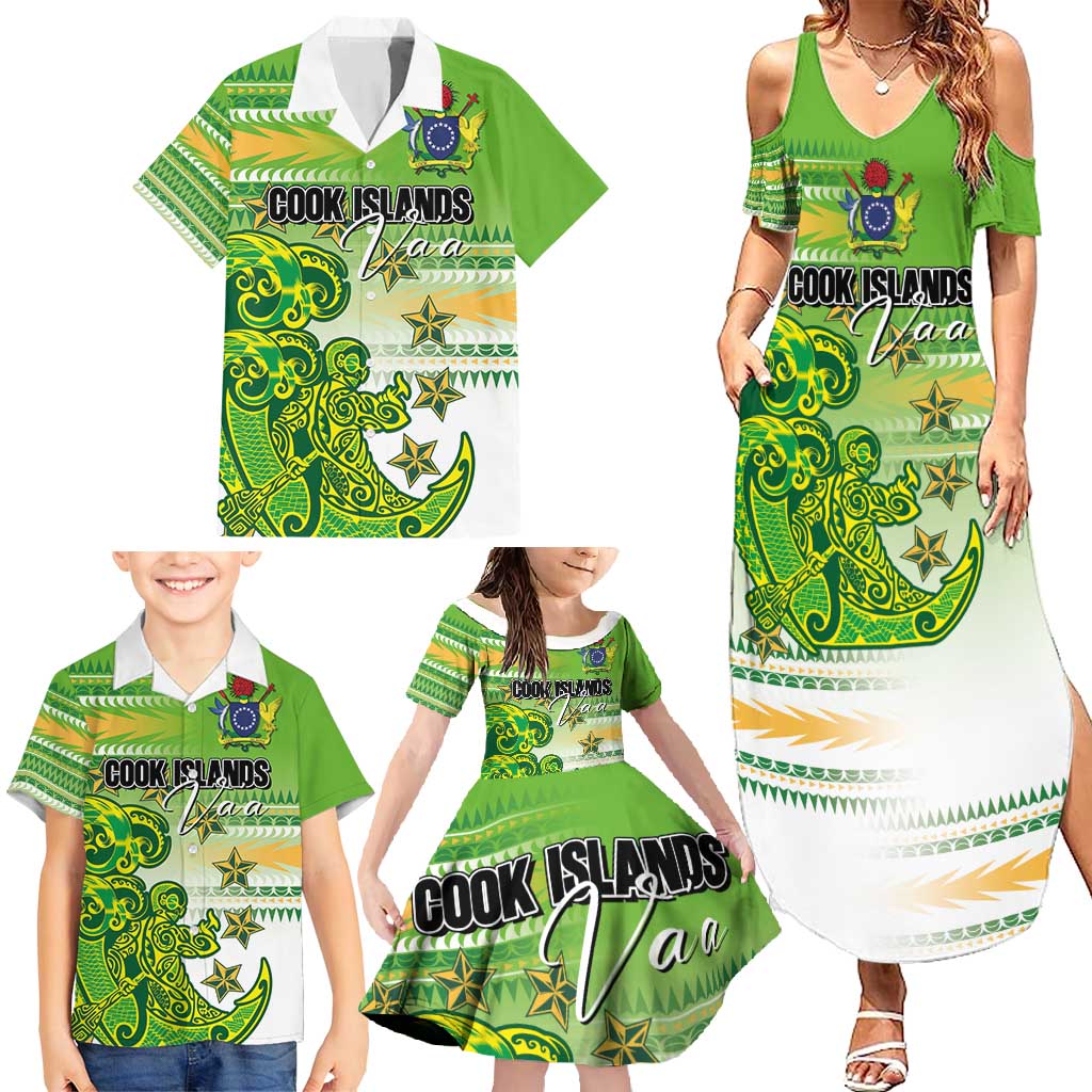 Personalised Cook Islands Va'a Race Family Matching Summer Maxi Dress and Hawaiian Shirt Te Tatau Tattoos Sporty Style Green-White Color LT03 - Polynesian Pride