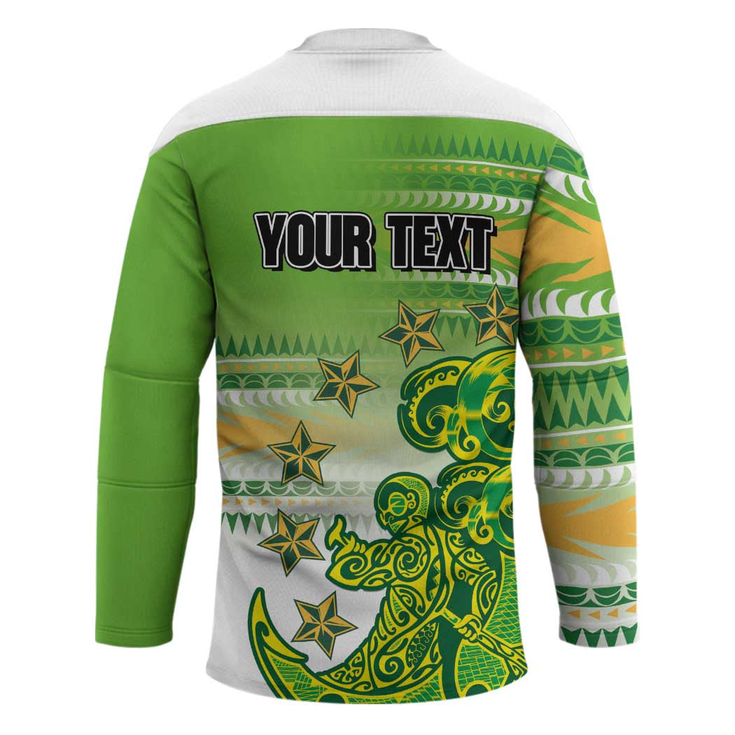 Personalised Cook Islands Va'a Race Hockey Jersey Te Tatau Tattoos Sporty Style Green-White Color LT03 - Polynesian Pride