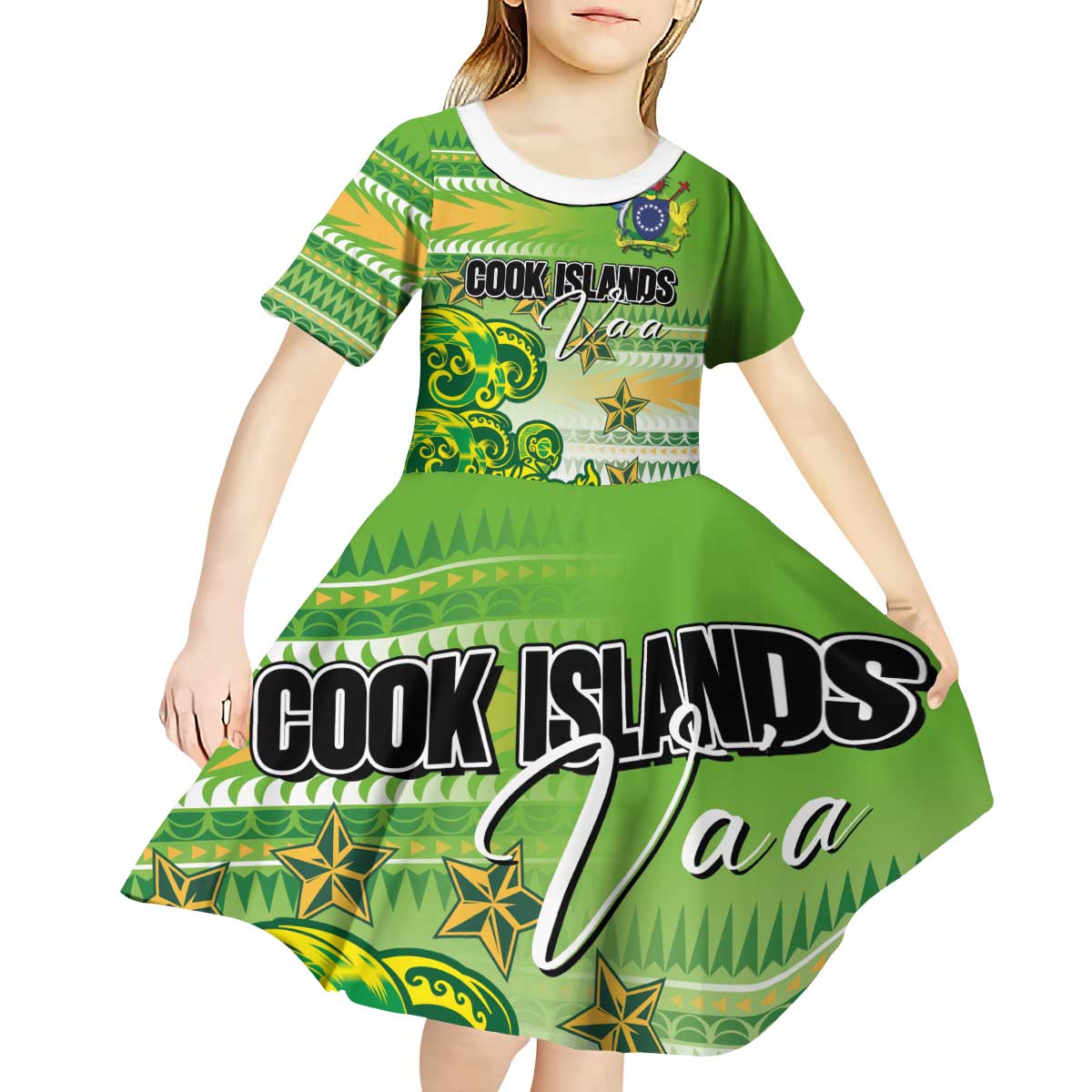Personalised Cook Islands Va'a Race Kid Short Sleeve Dress Te Tatau Tattoos Sporty Style Green-White Color LT03 - Polynesian Pride