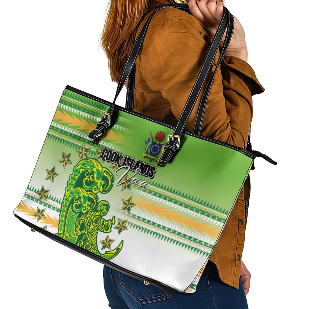 Cook Islands Va'a Race Leather Tote Bag Te Tatau Tattoos Sporty Style Green-White Color LT03 - Polynesian Pride