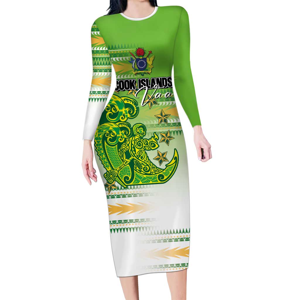 Personalised Cook Islands Va'a Race Long Sleeve Bodycon Dress Te Tatau Tattoos Sporty Style Green-White Color LT03 Long Dress Green - Polynesian Pride