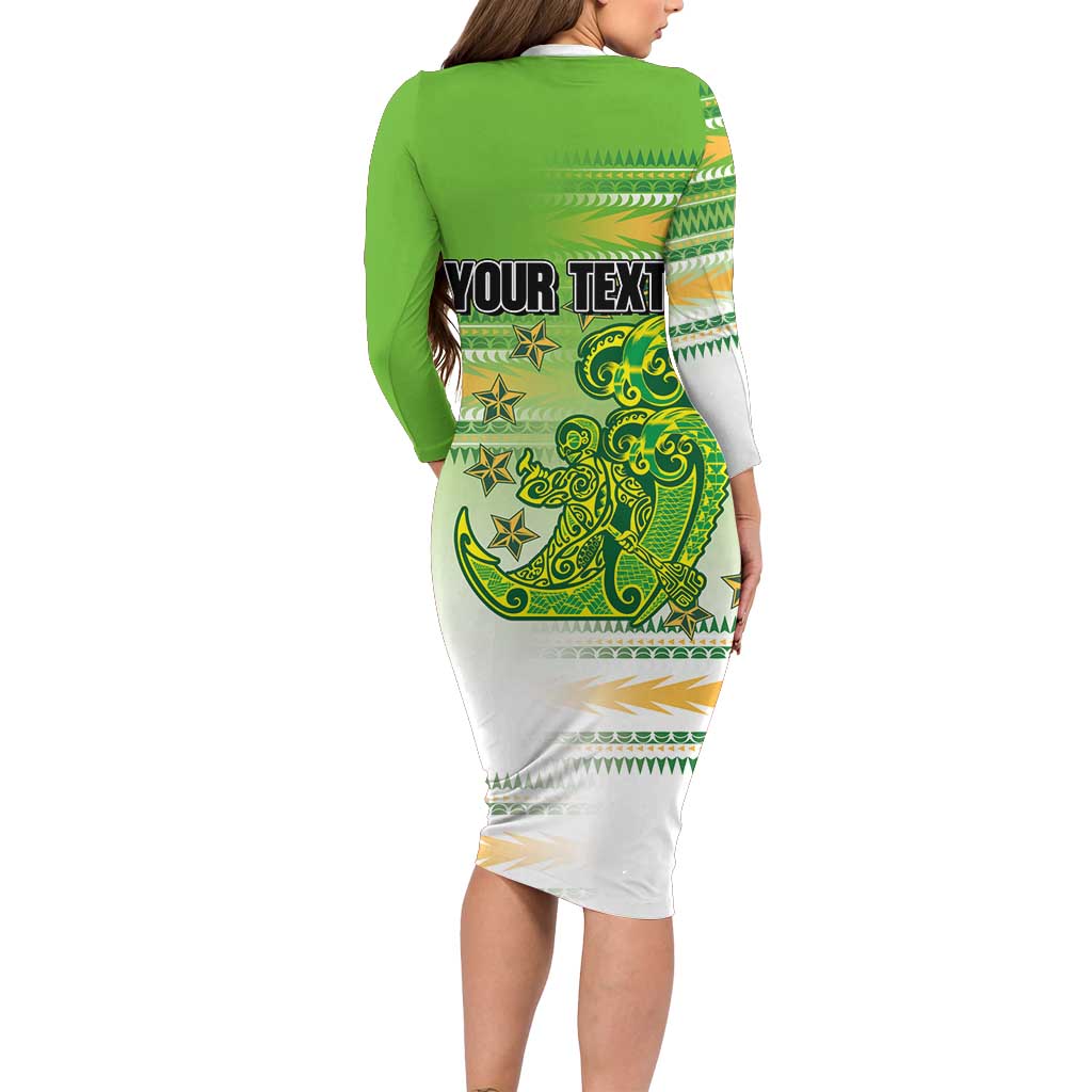Personalised Cook Islands Va'a Race Long Sleeve Bodycon Dress Te Tatau Tattoos Sporty Style Green-White Color LT03 - Polynesian Pride