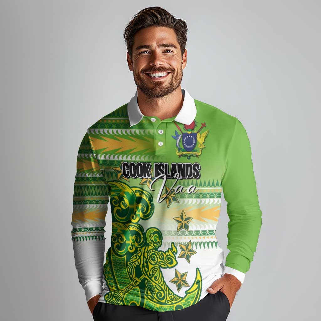 Personalised Cook Islands Va'a Race Long Sleeve Polo Shirt Te Tatau Tattoos Sporty Style Green-White Color LT03 - Polynesian Pride
