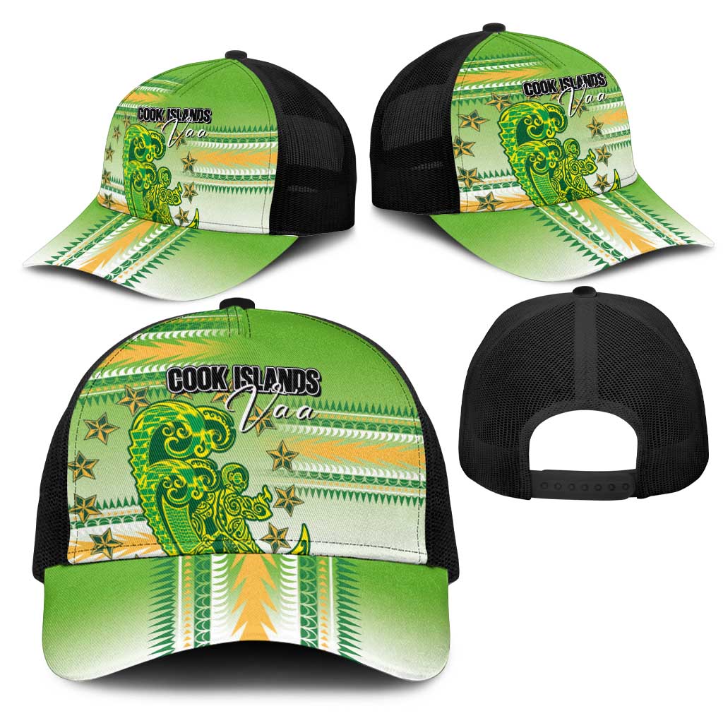 Cook Islands Va'a Race Mesh Trucker Cap Te Tatau Tattoos Sporty Style Green-White Color - Polynesian Pride