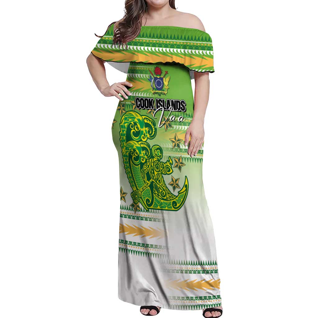 Personalised Cook Islands Va'a Race Off Shoulder Maxi Dress Te Tatau Tattoos Sporty Style Green-White Color LT03 Women Green - Polynesian Pride