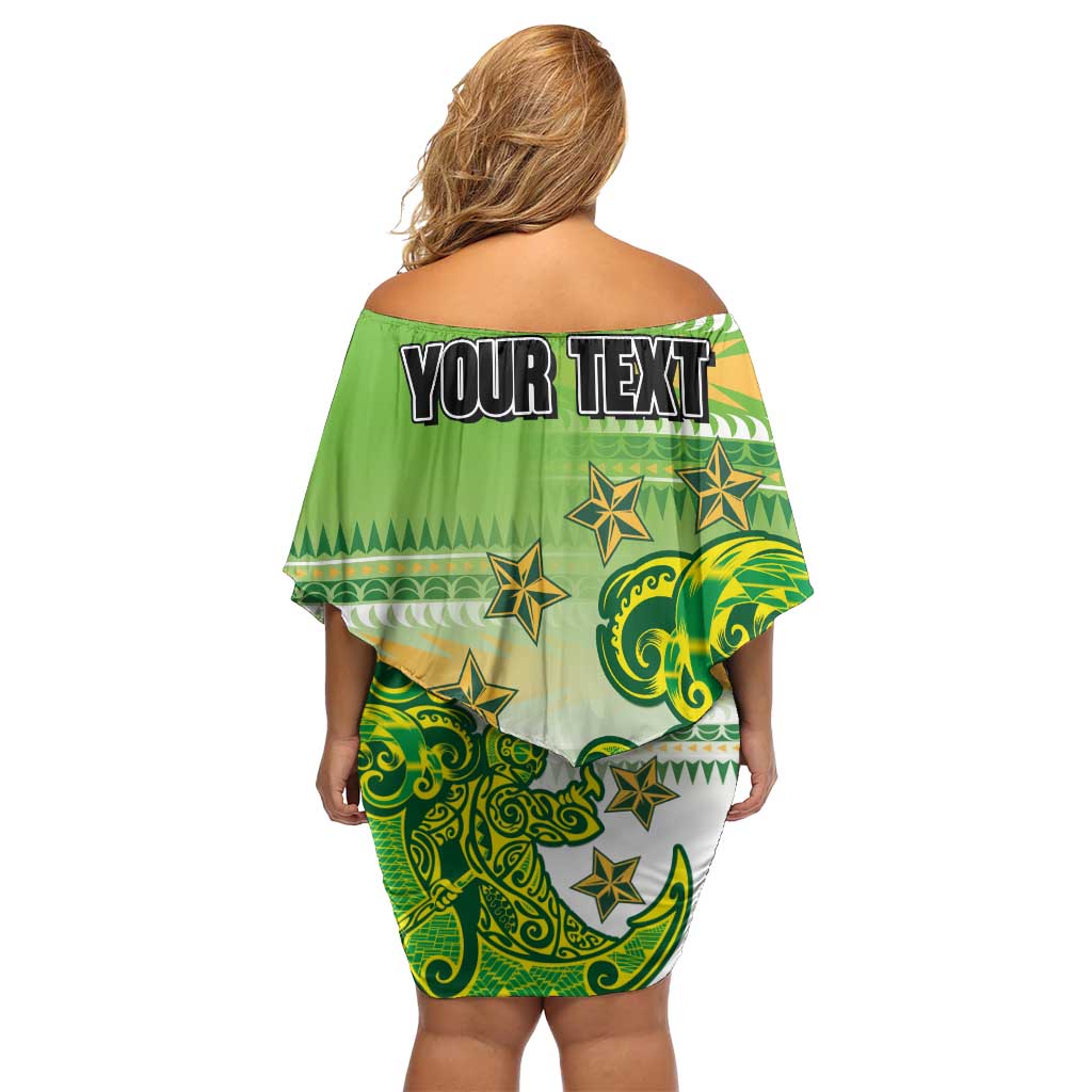 Personalised Cook Islands Va'a Race Off Shoulder Short Dress Te Tatau Tattoos Sporty Style Green-White Color LT03 - Polynesian Pride