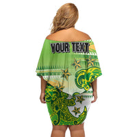 Personalised Cook Islands Va'a Race Off Shoulder Short Dress Te Tatau Tattoos Sporty Style Green-White Color LT03 - Polynesian Pride