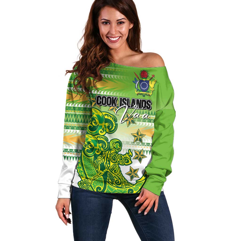 Personalised Cook Islands Va'a Race Off Shoulder Sweater Te Tatau Tattoos Sporty Style Green-White Color LT03 Women Green - Polynesian Pride