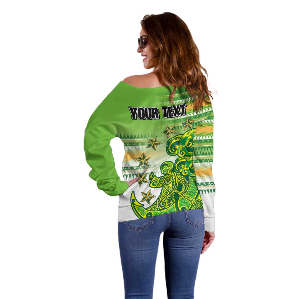 Personalised Cook Islands Va'a Race Off Shoulder Sweater Te Tatau Tattoos Sporty Style Green-White Color LT03 - Polynesian Pride