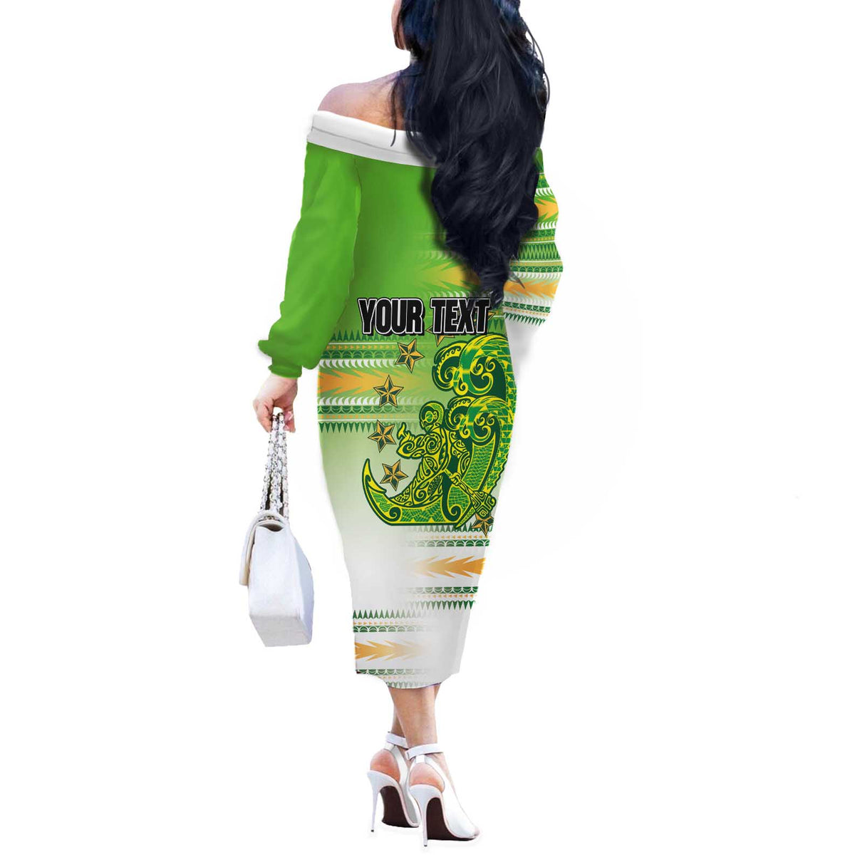 Personalised Cook Islands Va'a Race Off The Shoulder Long Sleeve Dress Te Tatau Tattoos Sporty Style Green-White Color LT03 - Polynesian Pride