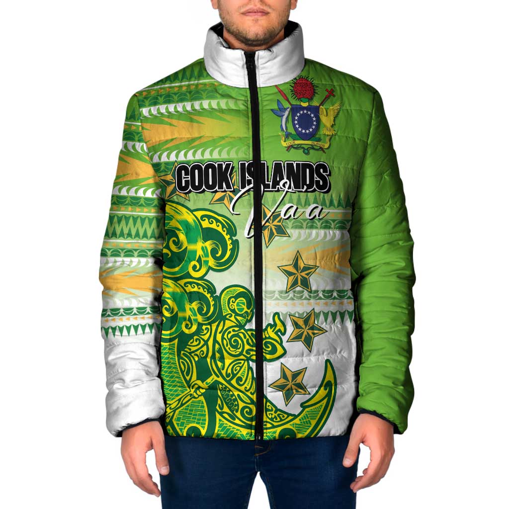 Personalised Cook Islands Va'a Race Padded Jacket Te Tatau Tattoos Sporty Style Green-White Color LT03 Men Green - Polynesian Pride