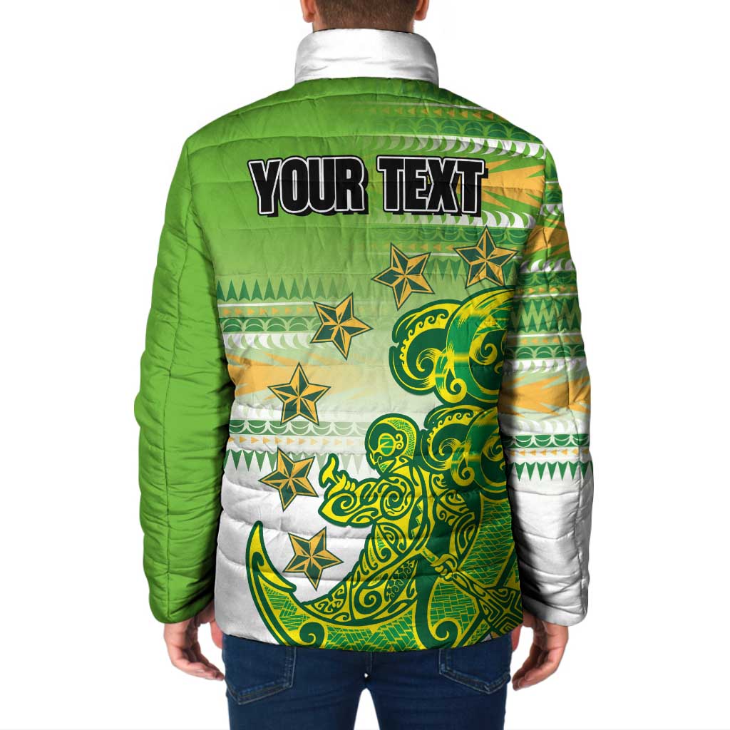Personalised Cook Islands Va'a Race Padded Jacket Te Tatau Tattoos Sporty Style Green-White Color LT03 - Polynesian Pride