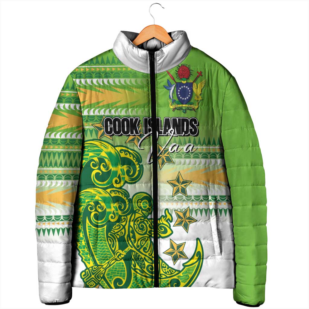 Personalised Cook Islands Va'a Race Padded Jacket Te Tatau Tattoos Sporty Style Green-White Color LT03 - Polynesian Pride