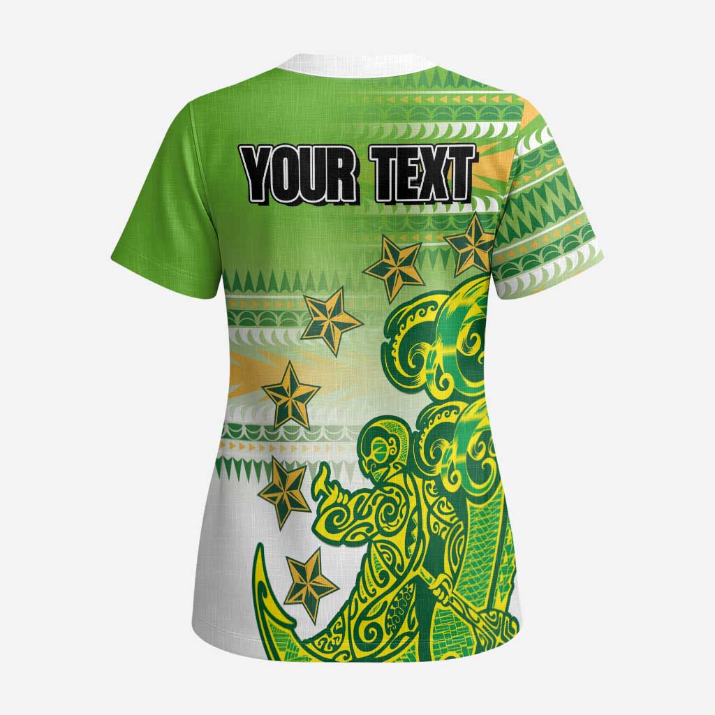Personalised Cook Islands Va'a Race Scrub Top Te Tatau Tattoos Sporty Style Green-White Color LT03 - Polynesian Pride