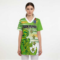 Personalised Cook Islands Va'a Race Scrub Top Te Tatau Tattoos Sporty Style Green-White Color LT03 - Polynesian Pride