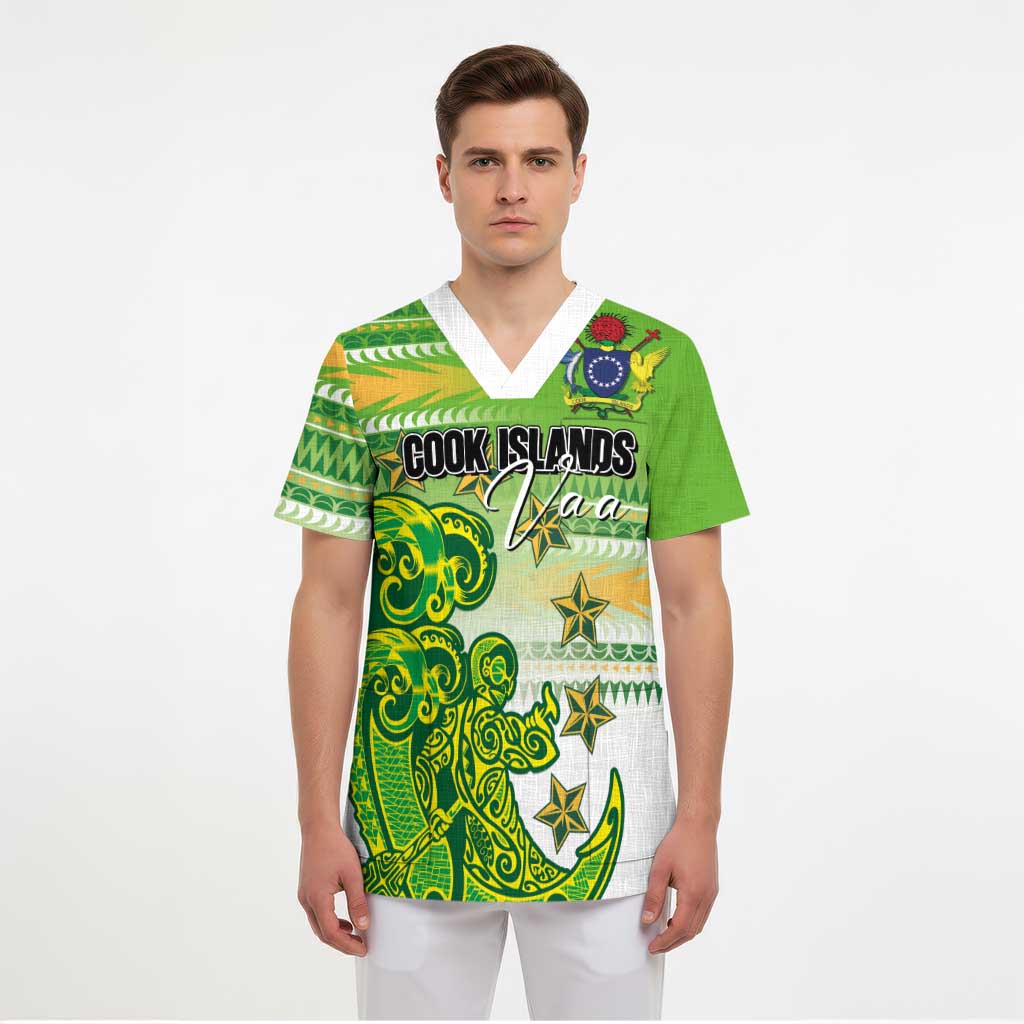 Personalised Cook Islands Va'a Race Scrub Top Te Tatau Tattoos Sporty Style Green-White Color LT03 - Polynesian Pride