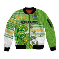 Personalised Cook Islands Va'a Race Sleeve Zip Bomber Jacket Te Tatau Tattoos Sporty Style Green-White Color LT03 Unisex Green - Polynesian Pride
