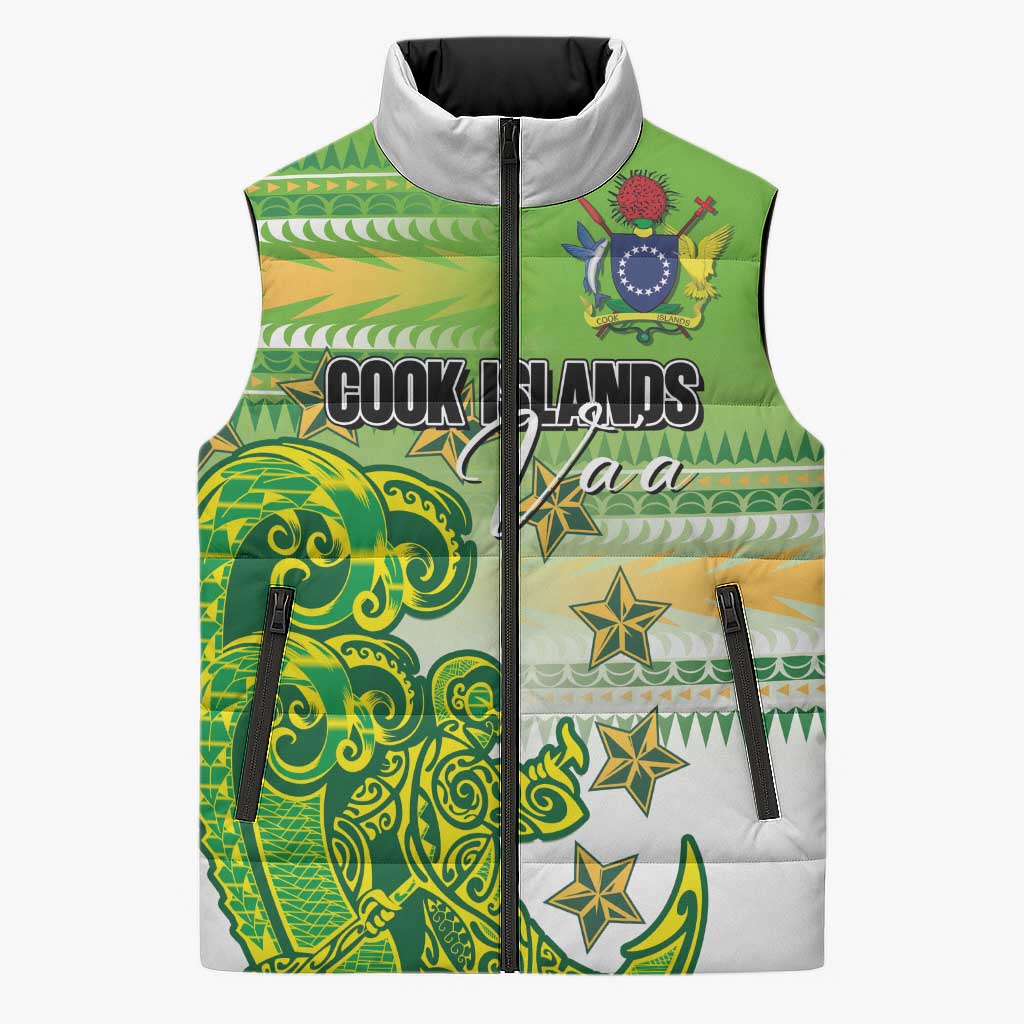 Personalised Cook Islands Va'a Race Sleeveless Puffer Jacket Te Tatau Tattoos Sporty Style Green-White Color LT03 Unisex Green - Polynesian Pride