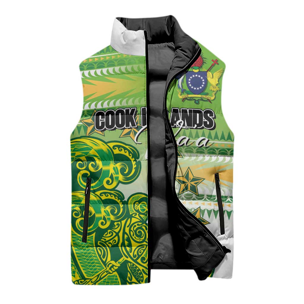 Personalised Cook Islands Va'a Race Sleeveless Puffer Jacket Te Tatau Tattoos Sporty Style Green-White Color LT03 - Polynesian Pride