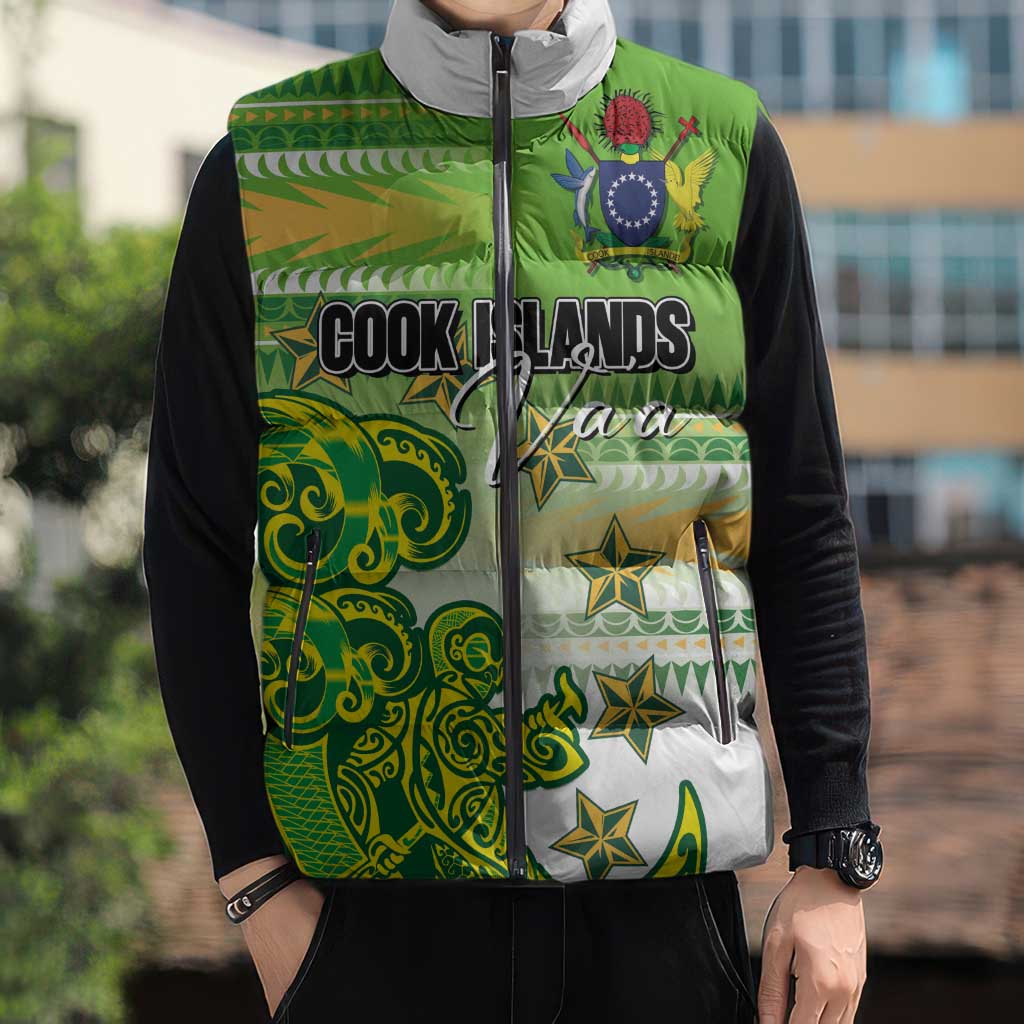 Personalised Cook Islands Va'a Race Sleeveless Puffer Jacket Te Tatau Tattoos Sporty Style Green-White Color LT03 - Polynesian Pride